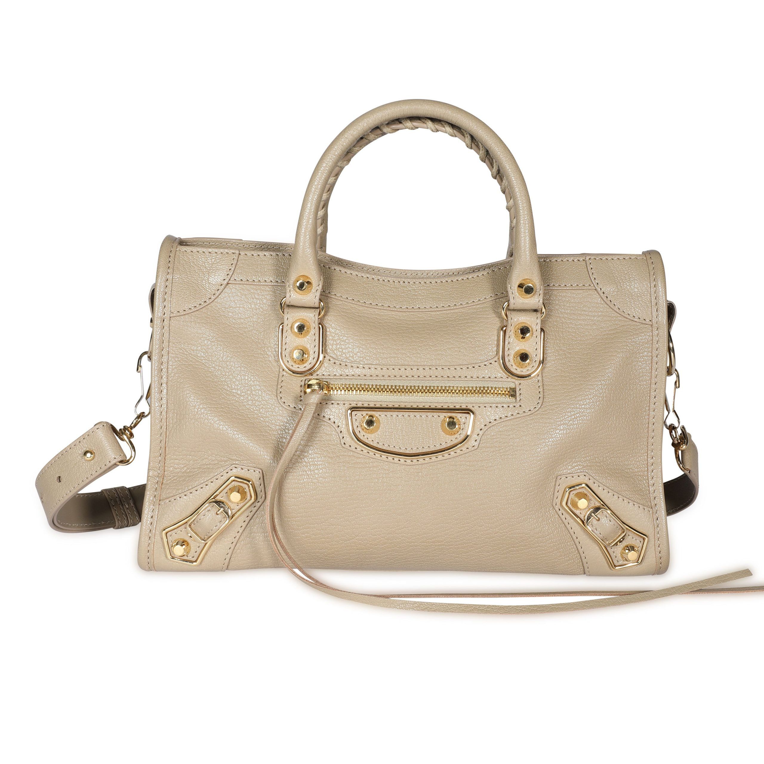image of Balenciaga Beige Latte Goatskin Leather Metallic Edge Small City Bag, Women's