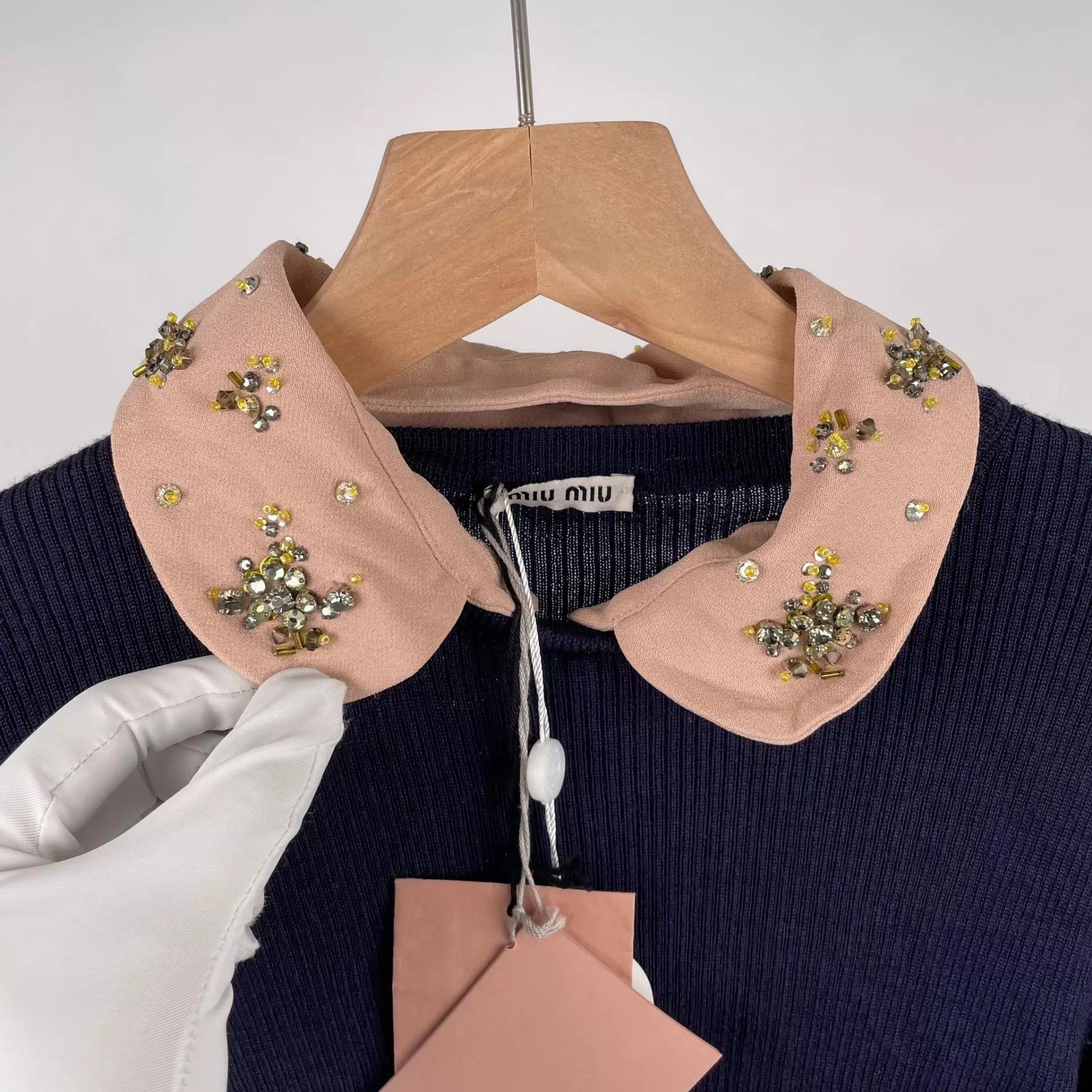 Miu Miu MIU MIU Navy Blue Pink Collar Long Sleeve Sweater Women's Size S / US 4 / IT 40 - 6 Thumbnail