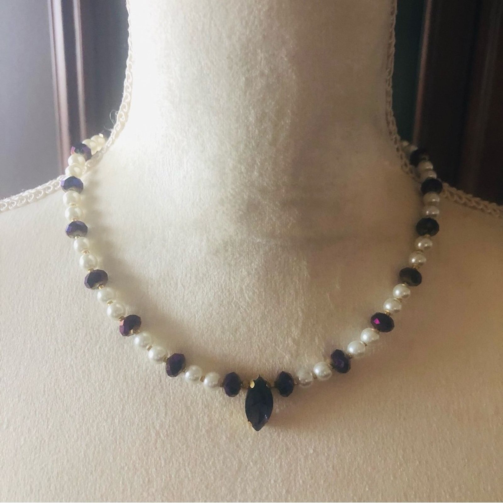 Handmade Handcrafted repurpose marquis purple stone Pearl necklace Size ONE SIZE - 2 Thumbnail