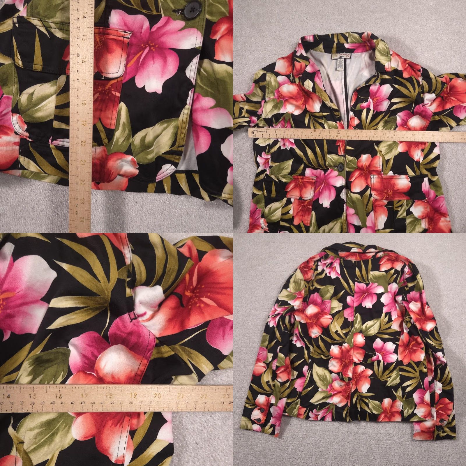 Vintage Caribbean Joe Jacket Womens XL Black Tropical Floral Print Button Front Casual Size XL / US 12-14 / IT 48-50 - 8 Thumbnail