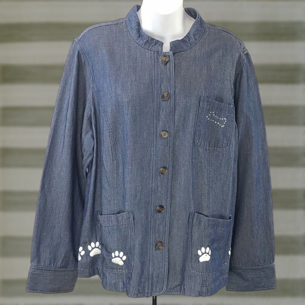 Croft & Barrow Croft Barrow Lt Jacket XL Chambray Denim Pockets Embroidery Dog Mom Puppy Paws Size XL / US 12-14 / IT 48-50 - 1 Thumbnail