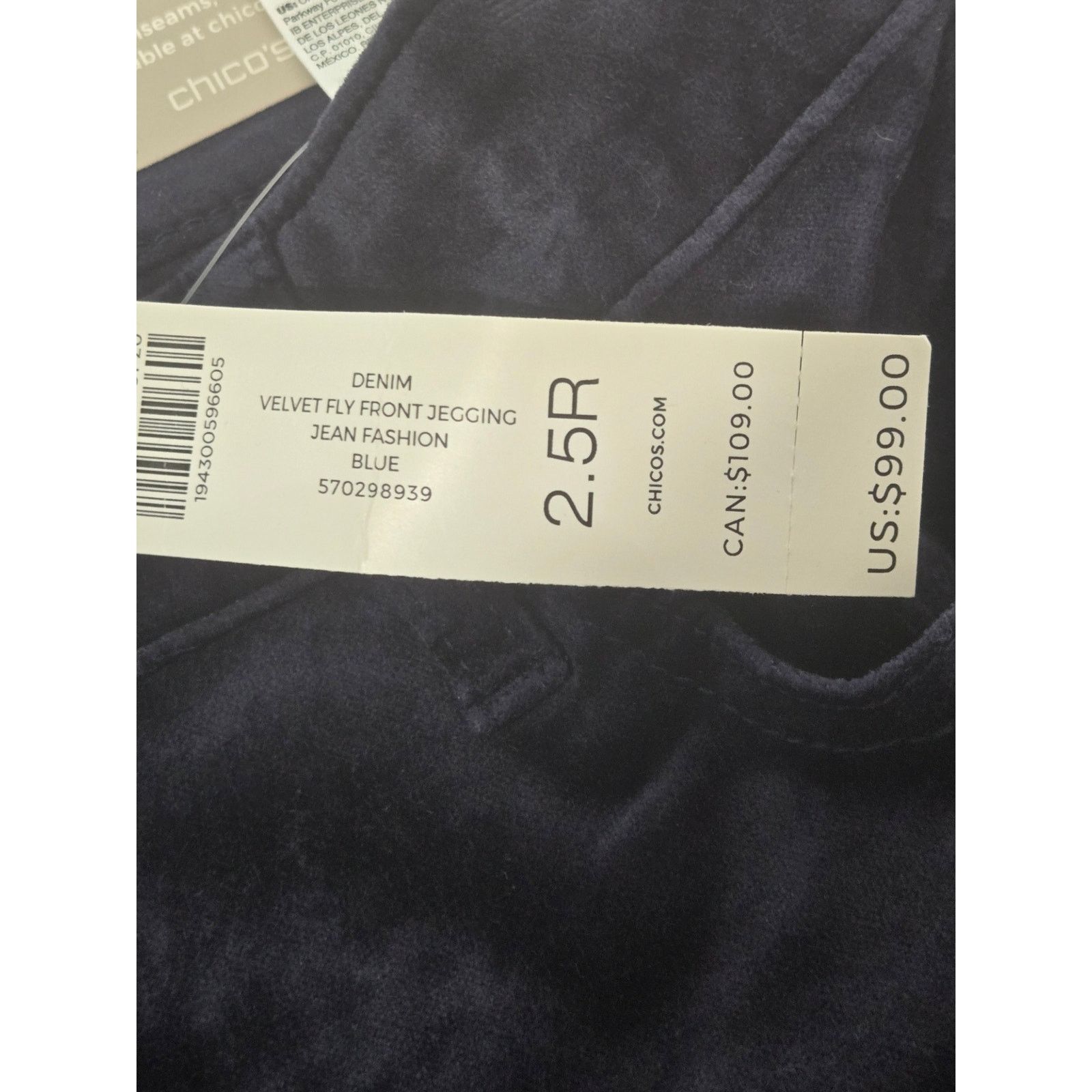 Chicos Chico's Blue Velvet Fly Front Jegging Jeans 2.5R 14R NWTS Size 36" / US 14 / IT 50 - 5 Thumbnail