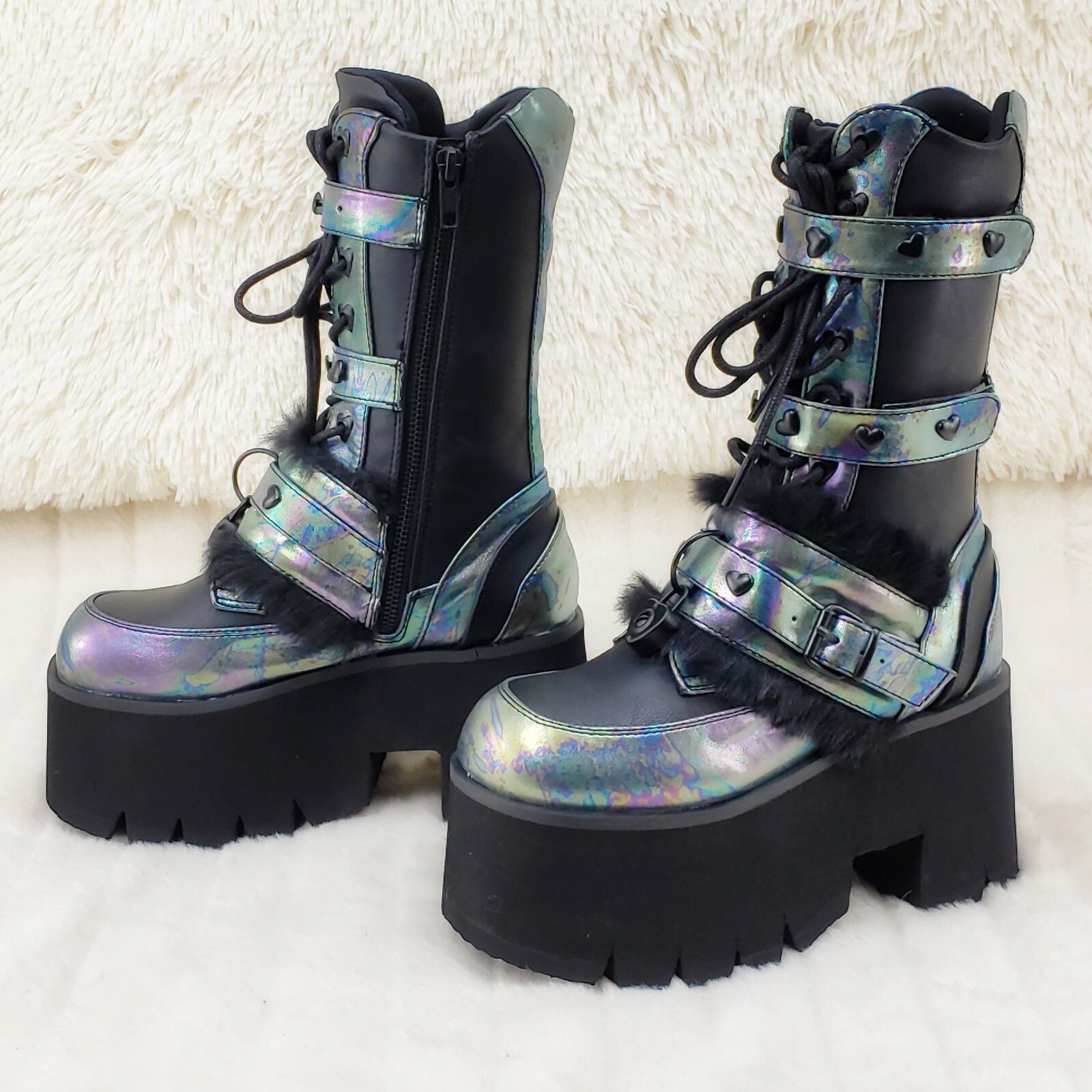 Demonia Cult DEMONIA Ashes 120 Black Faux Fur 3.5" Platform Heel Goth Pu Size US 11 / IT 41 - 5 Thumbnail