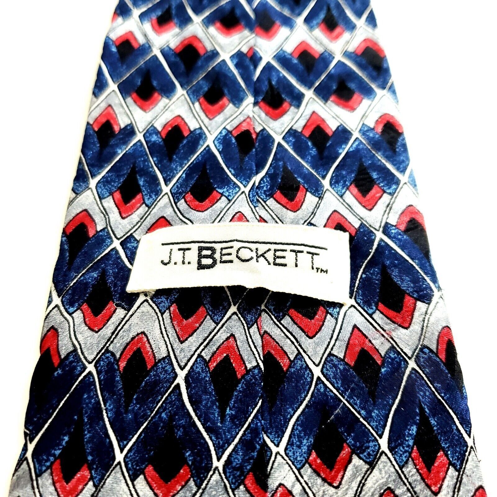 Vintage JT Beckett Blue Gray Red Geometric Print Wide Silk Tie Size ONE SIZE - 3 Thumbnail