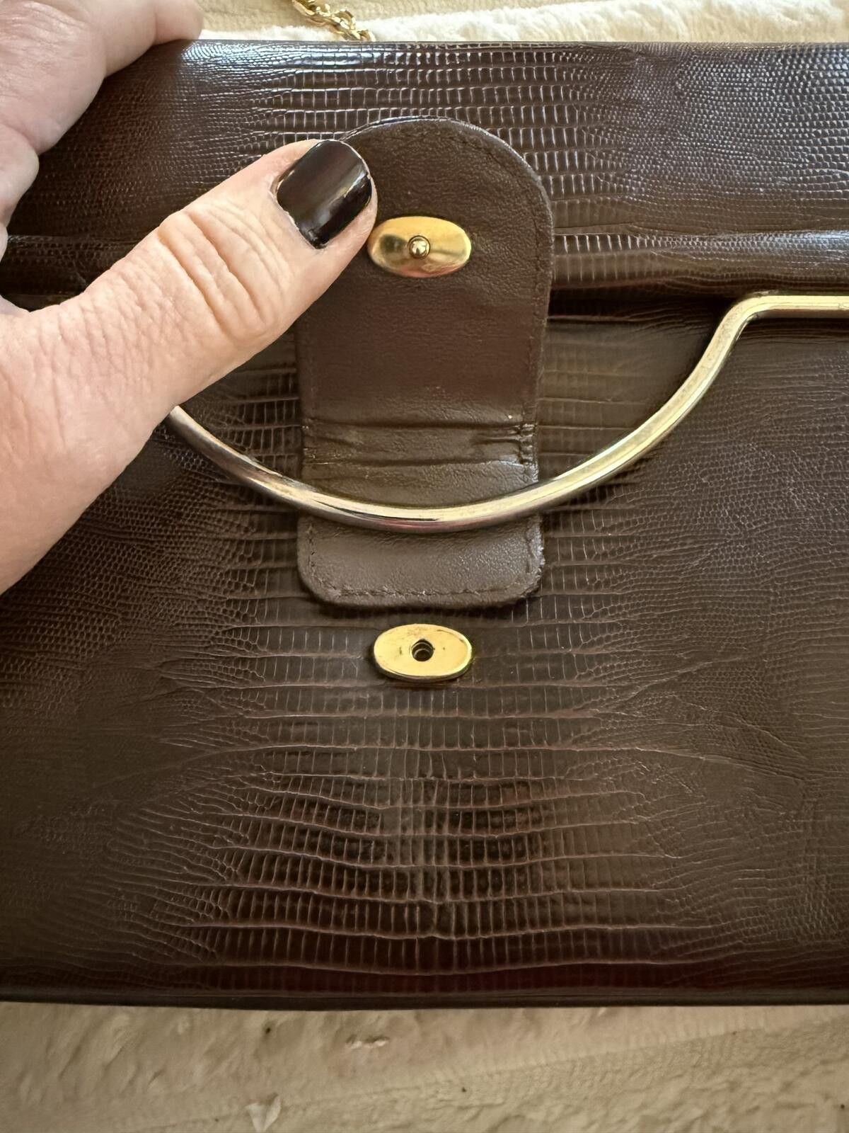 Unknown London Caprice Vintage Brown Lizard Skin Embossed Clutch Gold Strap Size ONE SIZE - 4 Thumbnail
