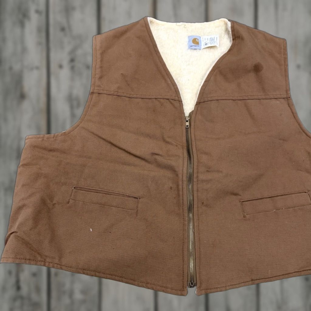 VINTAGE Carhartt Vest Mens 4XL Regular Brown Canvas USA Sherpa Lined Fabric Lined