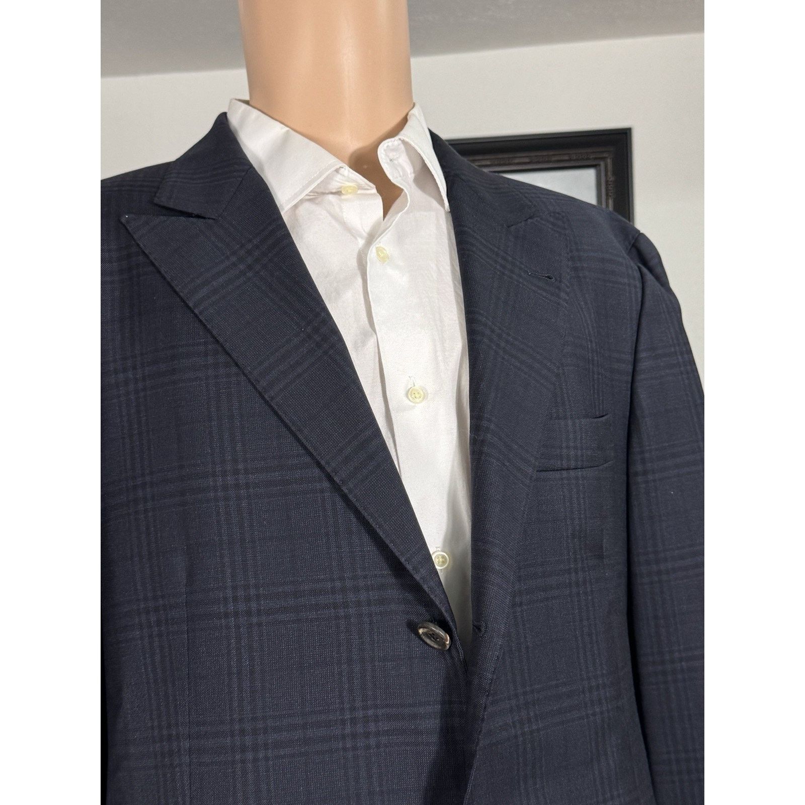 Brunello Cucinelli Brunello Cucinelli Navy Peak Lapel Wool Blazer Plaid 54/44 Size 44R - 3 Thumbnail