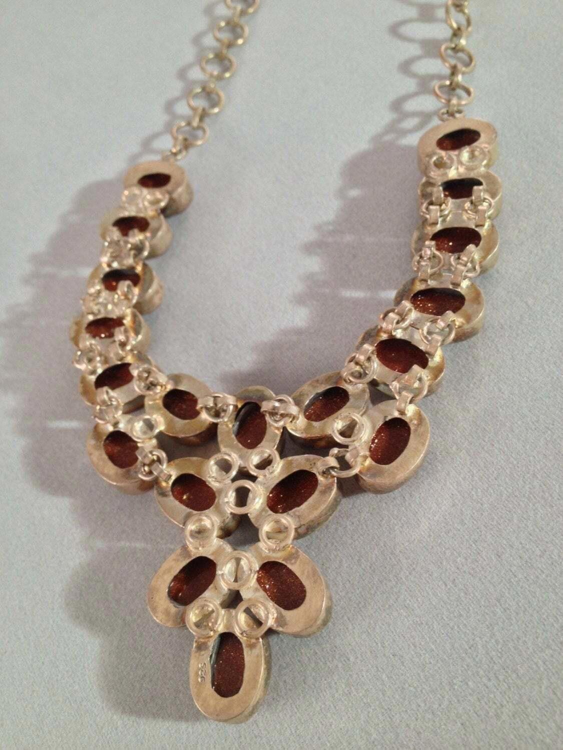 Designer Sterling and Bezel Set Orange Goldstone Cabochon Necklace Size ONE SIZE - 3 Thumbnail