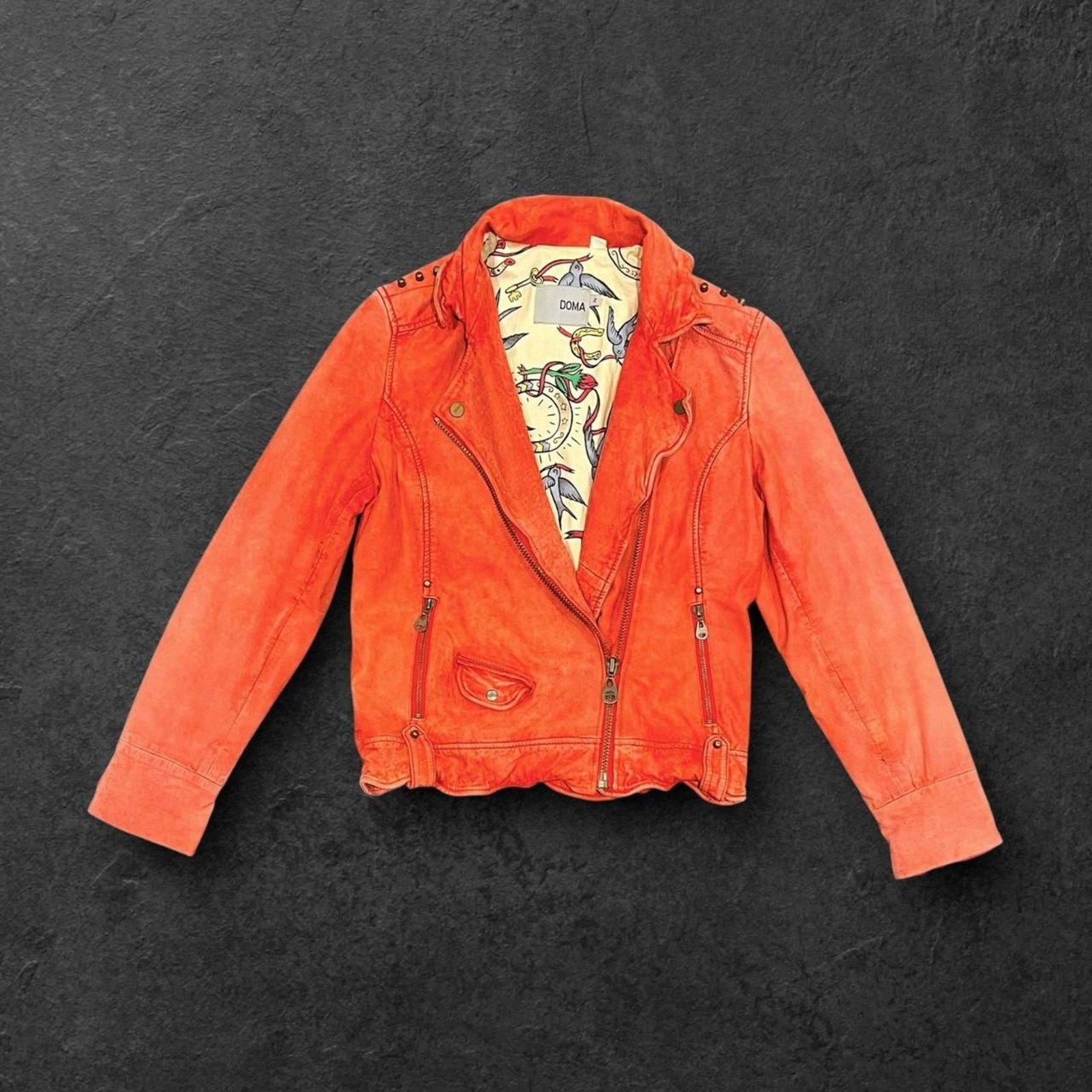 Other DOMA Coral Red Suede Biker Jacket w/ Bird & Horseshoe Lining Size XS / US 0-2 / IT 36-38 - 1 Thumbnail