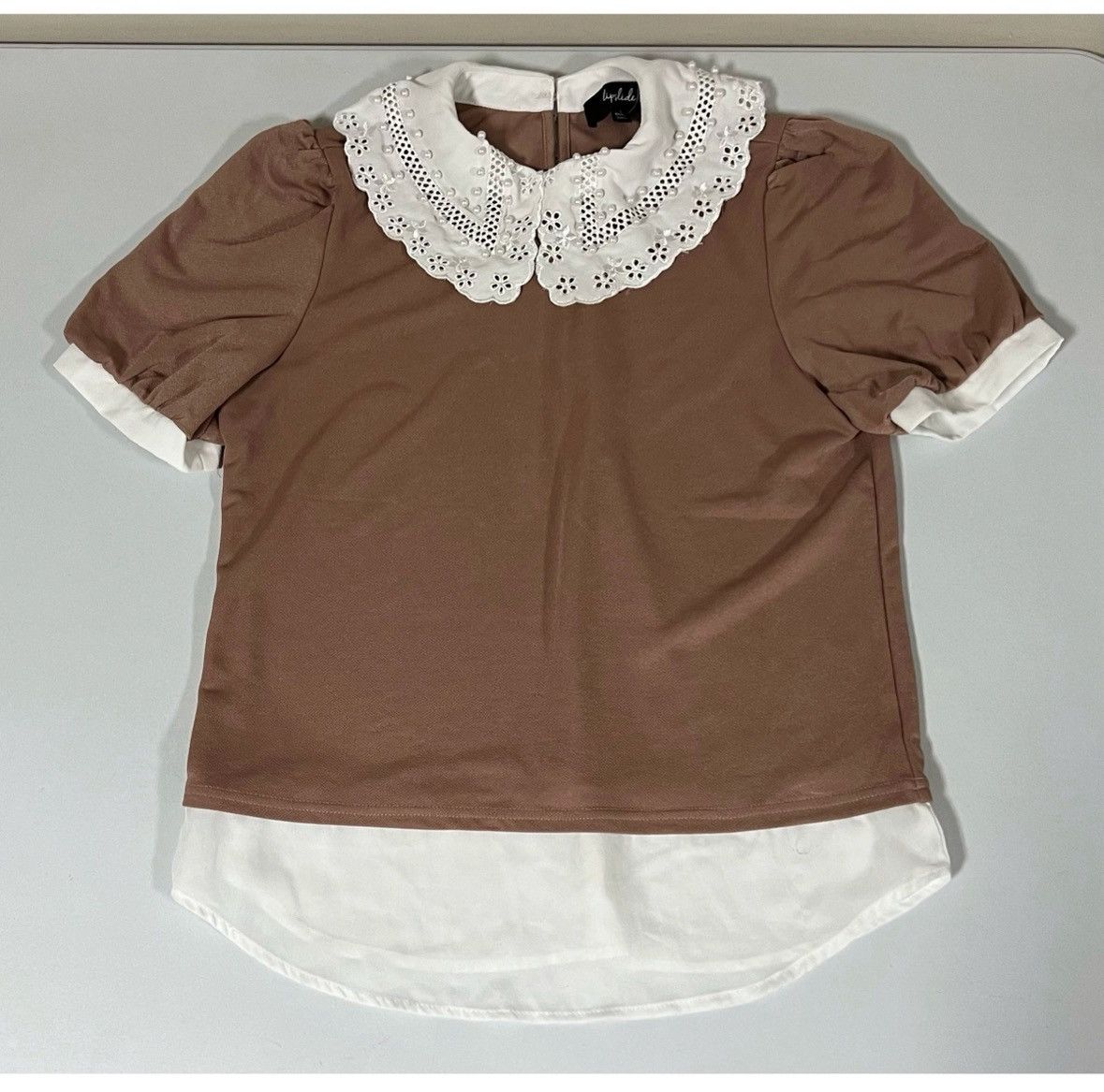 Vintage Lipslide Pearl Beaded Collared Layered Top Blouse Size S 🤎✨ Size S / US 4 / IT 40 - 2 Thumbnail
