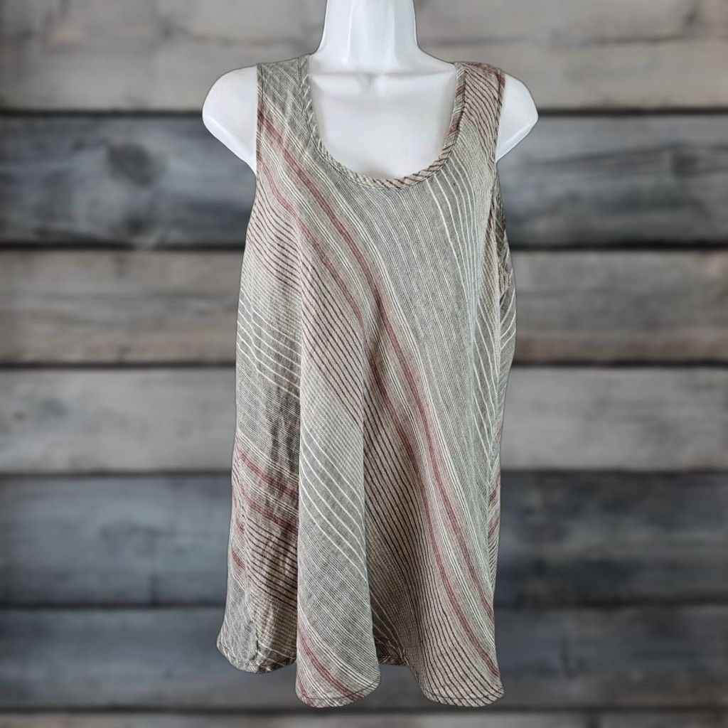 FLAX Flax Tank Top Womens L Gray Red Stripe Scoop Neck Linen Sleeveless Pullover Handmade: No Size L / US 10 / IT 46 - 1 Thumbnail