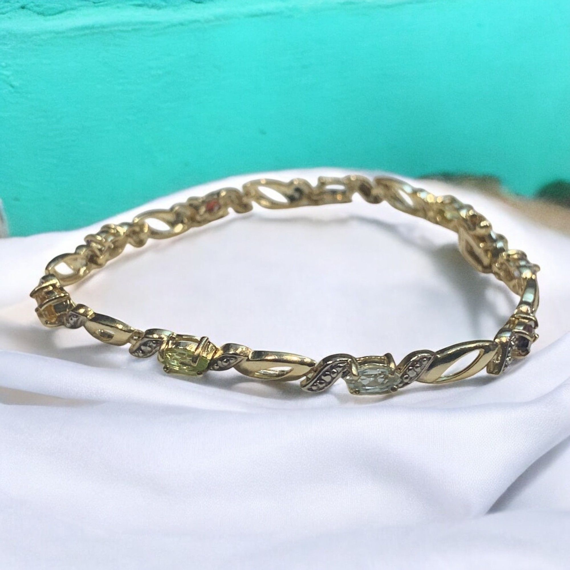 Designer Vermeil Silver Multi-Gemstone Link Gold Color Bracelet With Size ONE SIZE - 1 Thumbnail