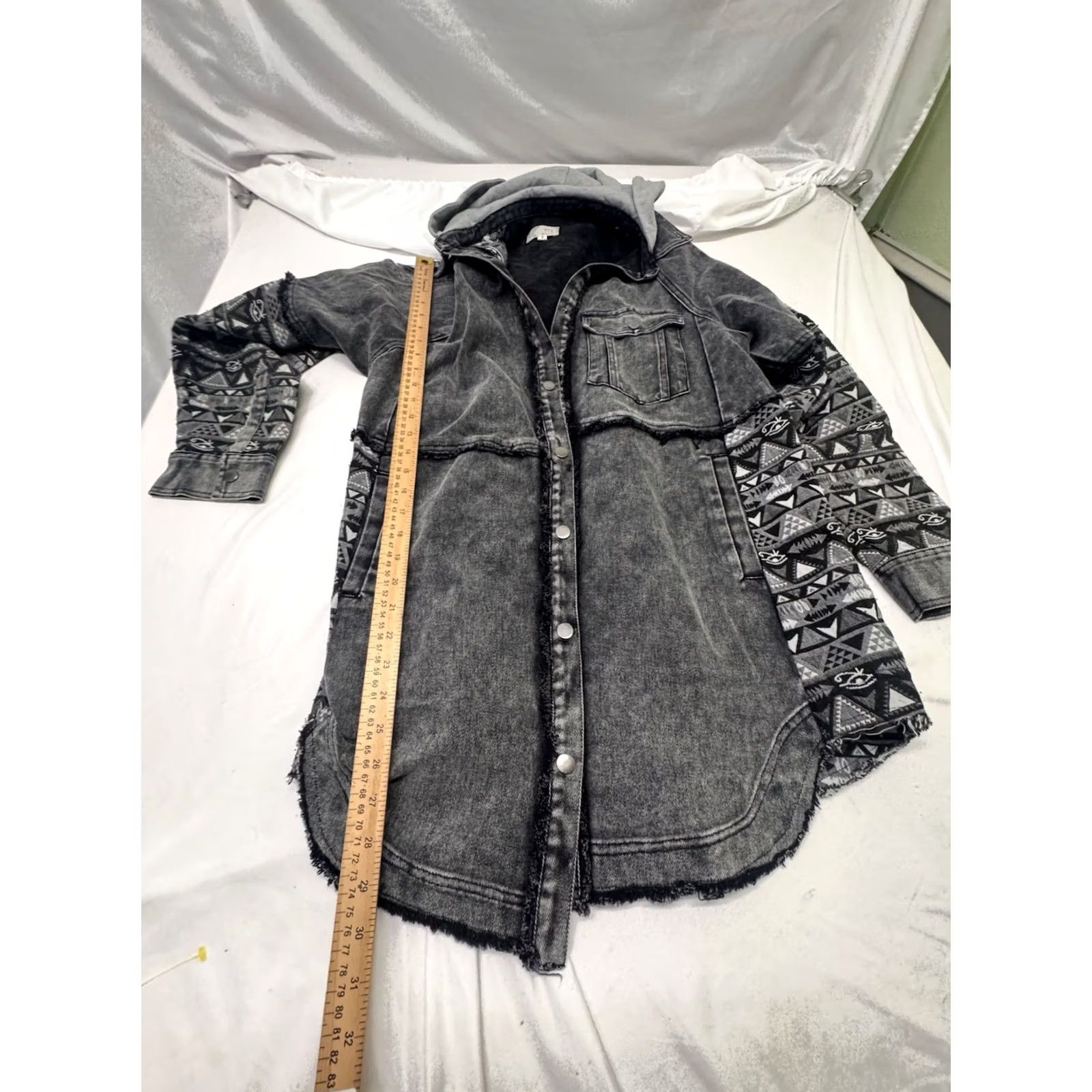 Denime Oli & Hali Jacket Shacket Black Size S Patchwork Flannel Denim Corduroy Button Snap Casual Workwear Oversize Women Size S / US 4 / IT 40 - 4 Thumbnail