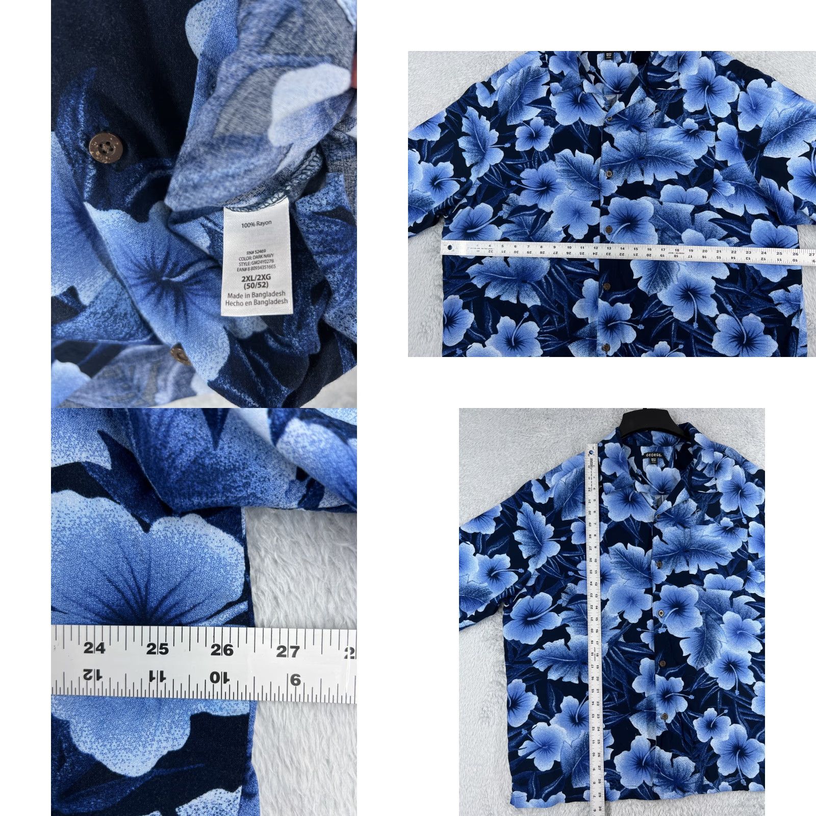 George George Men's Hawaiian Button-Up Shirt 2XL Blue Floral Rayon Short Sleeve Casual Size US XXL / EU 58 / 5 - 8 Thumbnail