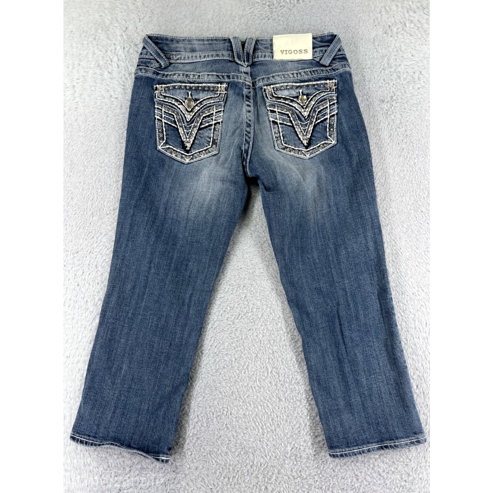 Vintage VIGOSS Womens Capri Pants 3 Blue Denim Low Rise Embroidered Rhinestone Stretch Casual Classic Size 26" / US 2 / IT 38 - 3 Thumbnail