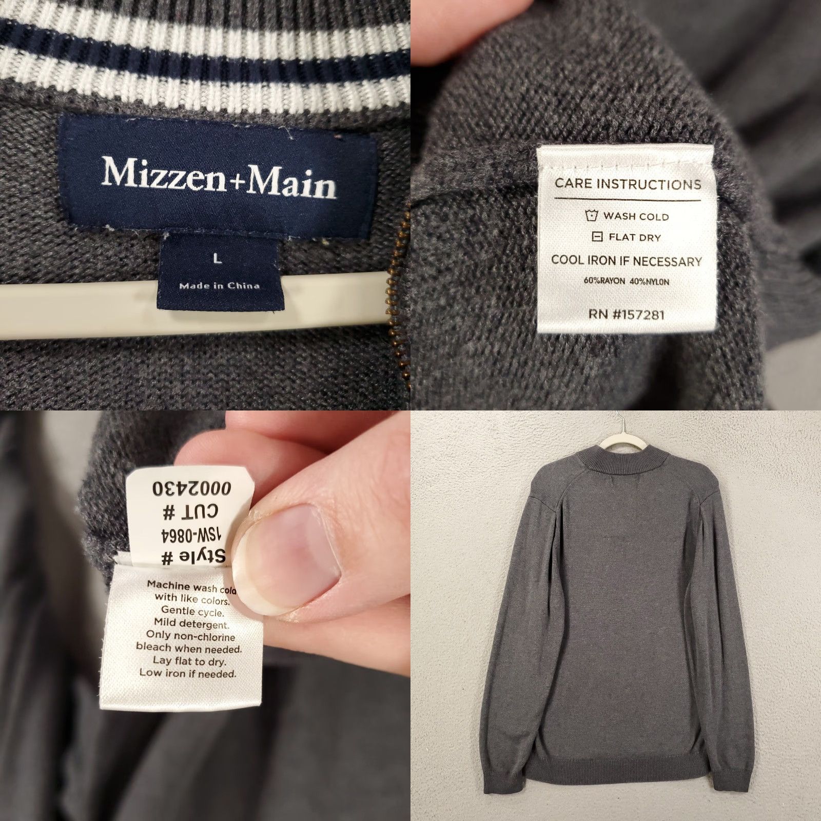 Mizzen+Main Mizzen Main Sweatshirt Mens Large Gray 1/4 Zip Pullover Long Sleeve Mock Neck Knit Nylon Rayon Zip Closure Outdoor Classic Shirt? Size US L / EU 52-54 / 3 - 8 Thumbnail