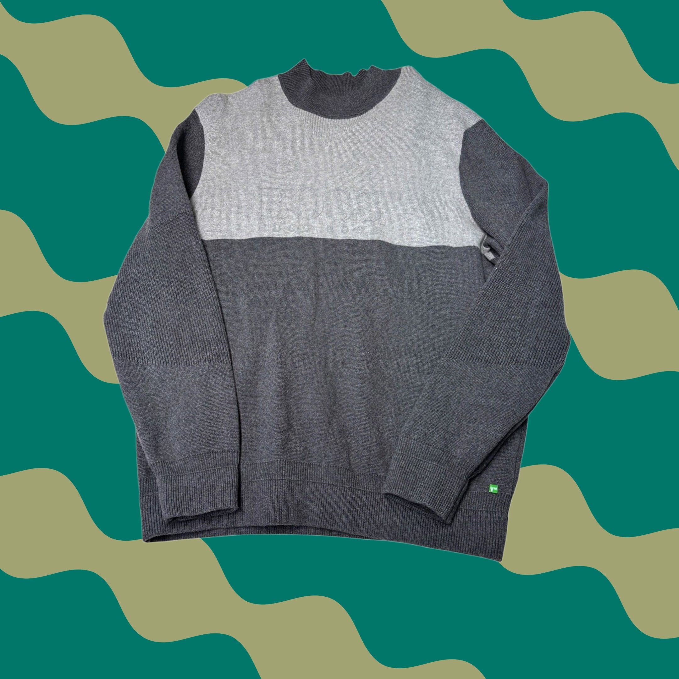 Hugo Boss HUGO BOSS Green Label Mens XL Grey Colorblock Cotton Mock Neck Sweater Logo Pullover Size US XL / EU 56 / 4 - 1 Thumbnail