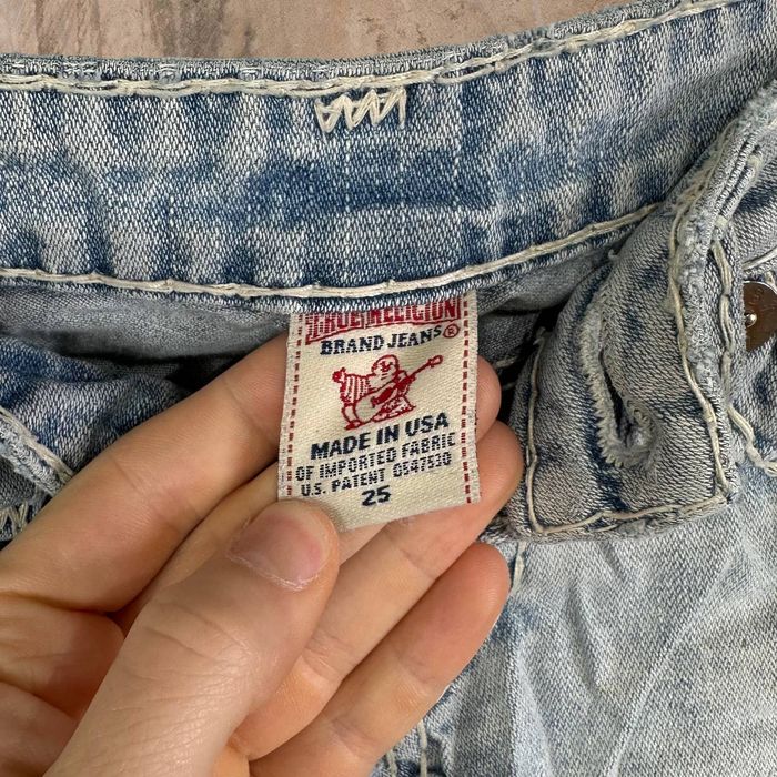 Retro TRUE RELIGION Denim Light Wash Skirt Distress