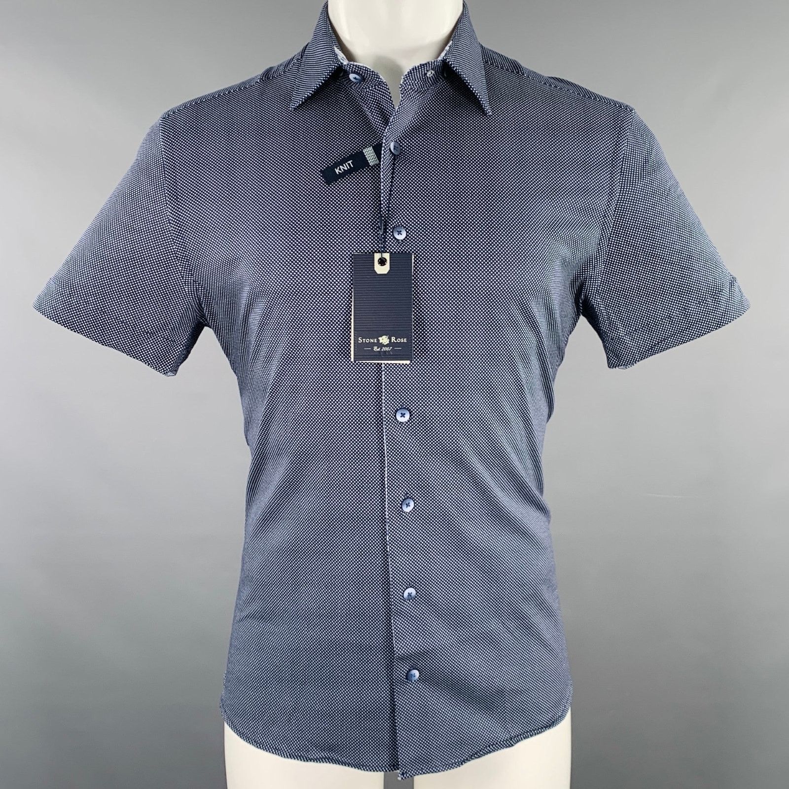 Stone Rose Navy White Dots Cotton Spread Collar Short Sleeve Shirt Size US S / EU 44-46 / 1 - 1 Thumbnail