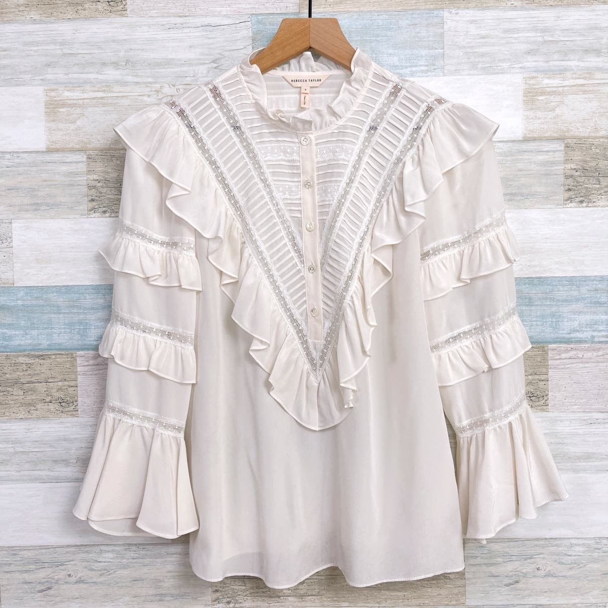 image of Rebecca Taylor Silk Ruffle Lace Blouse Victorian Womens 4 in Cream (Size Small)