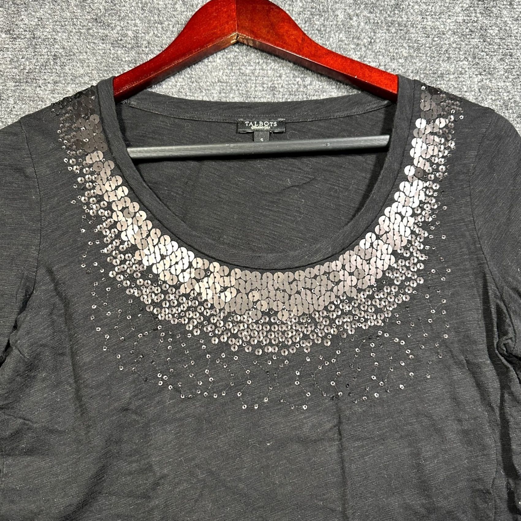 Talbots Talbots Womens Small Black Cotton Knit 3/4 Sleeve Sequin Neck Pullover Tee Size S / US 4 / IT 40 - 4 Thumbnail