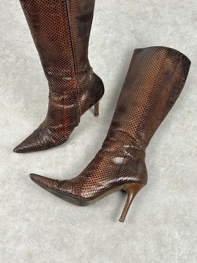 Dolce & Gabbana 2000s Dolce & Gabbana Brown Python Leather Knee-High Heeled Boots Size US 8 / IT 38 - 8 Thumbnail