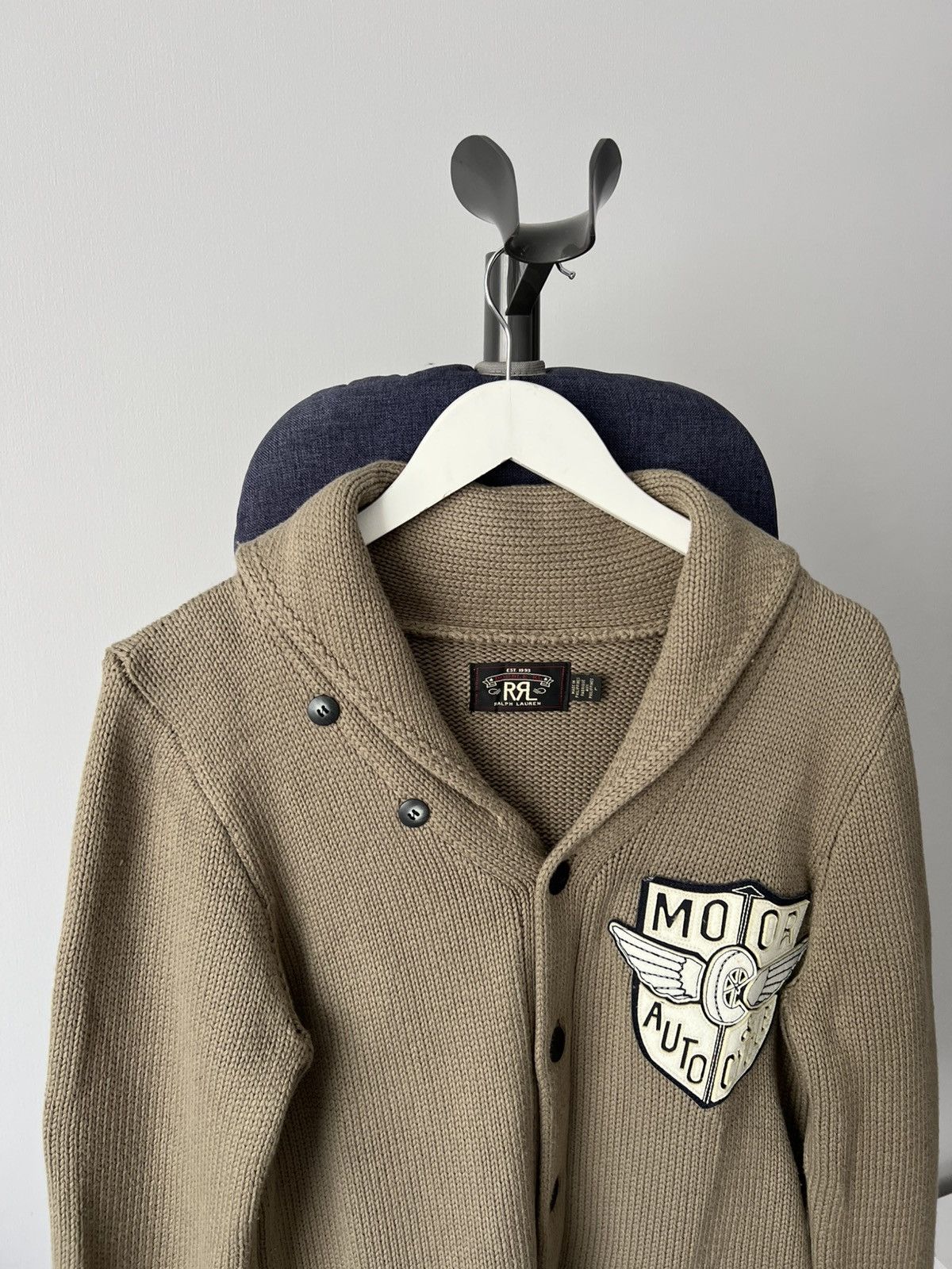 RRL Ralph Lauren Shawl Collar Knit Cardigan Motorcycle Patch