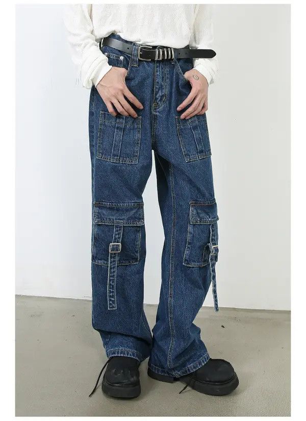 Japanese Brand Men's multi-pocket washed vintage wide-leg cargo jeans Size US 32 / EU 48 - 3 Thumbnail
