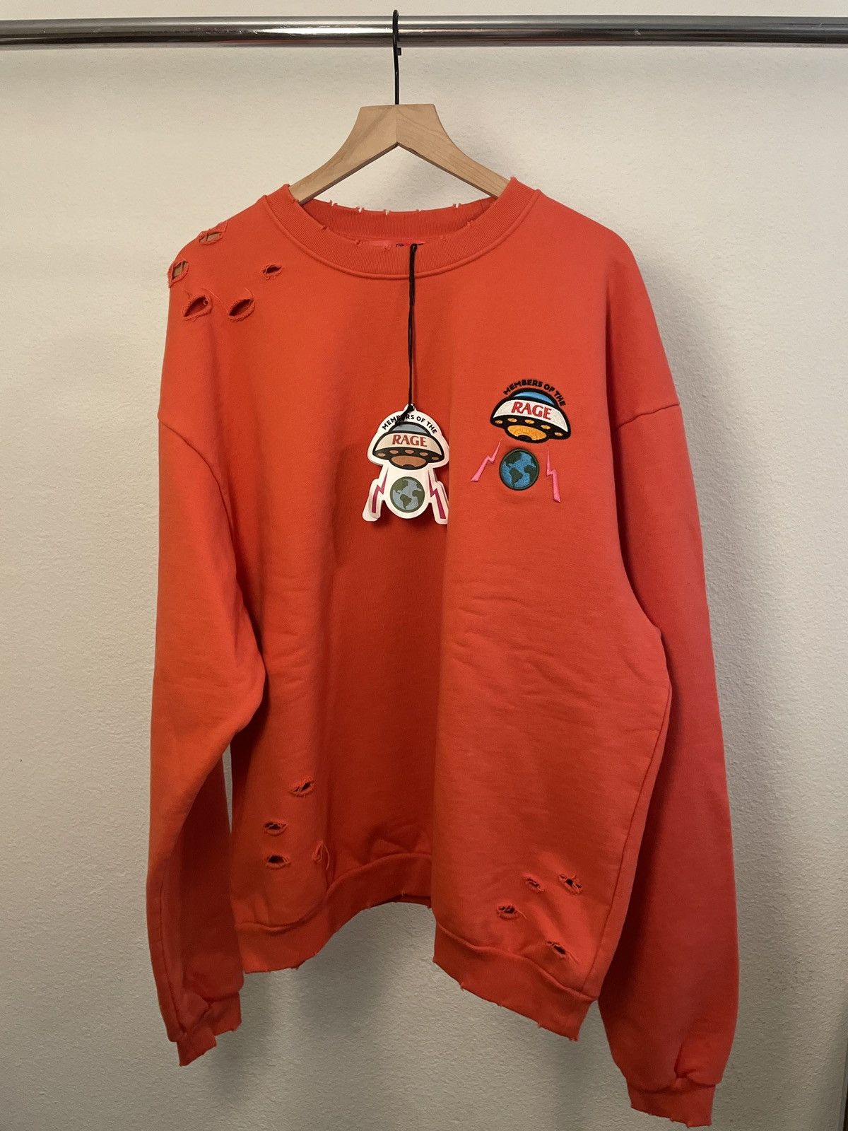 image of Kid Cudi Members Of The Rage Distressed Crewneck in Orange, Men's (Size Large)