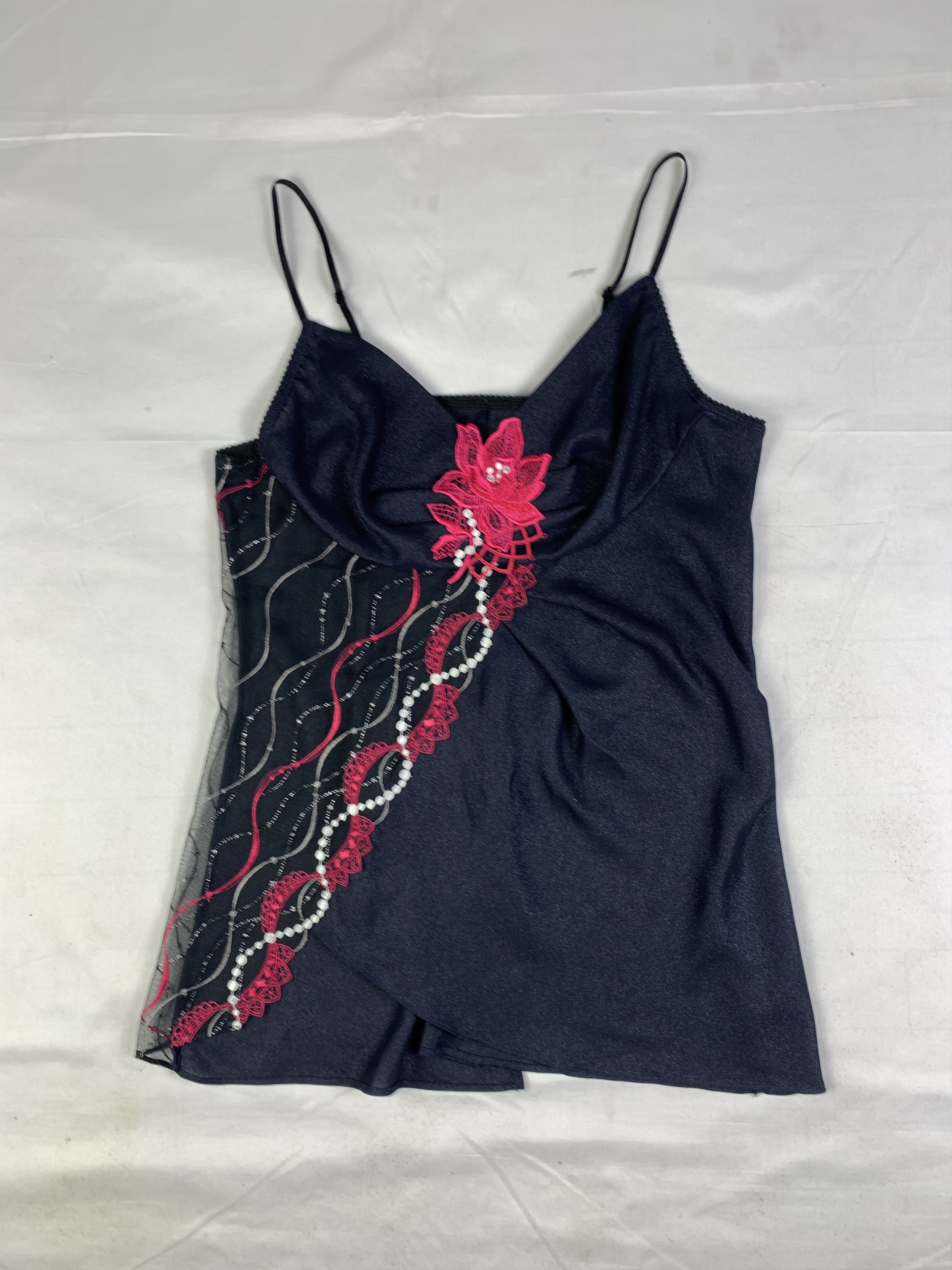 Japanese Brand Salute Flower Embroidered Asymmetrical Glittery Mesh Top (L) Size L / US 10 / IT 46 - 1 Thumbnail