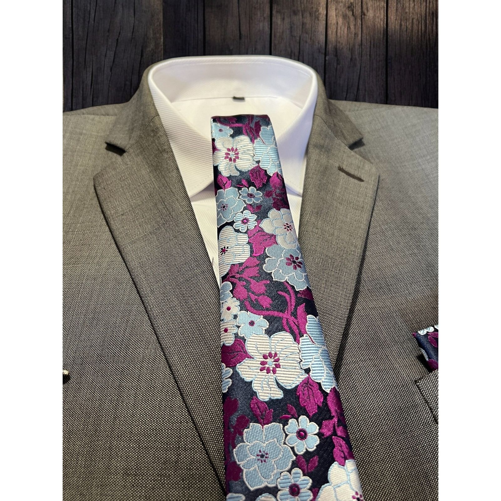 Other Tie Set Navy Blue Fuchsia Floral Tie Pocket Square Cufflinks Size ONE SIZE - 4 Thumbnail