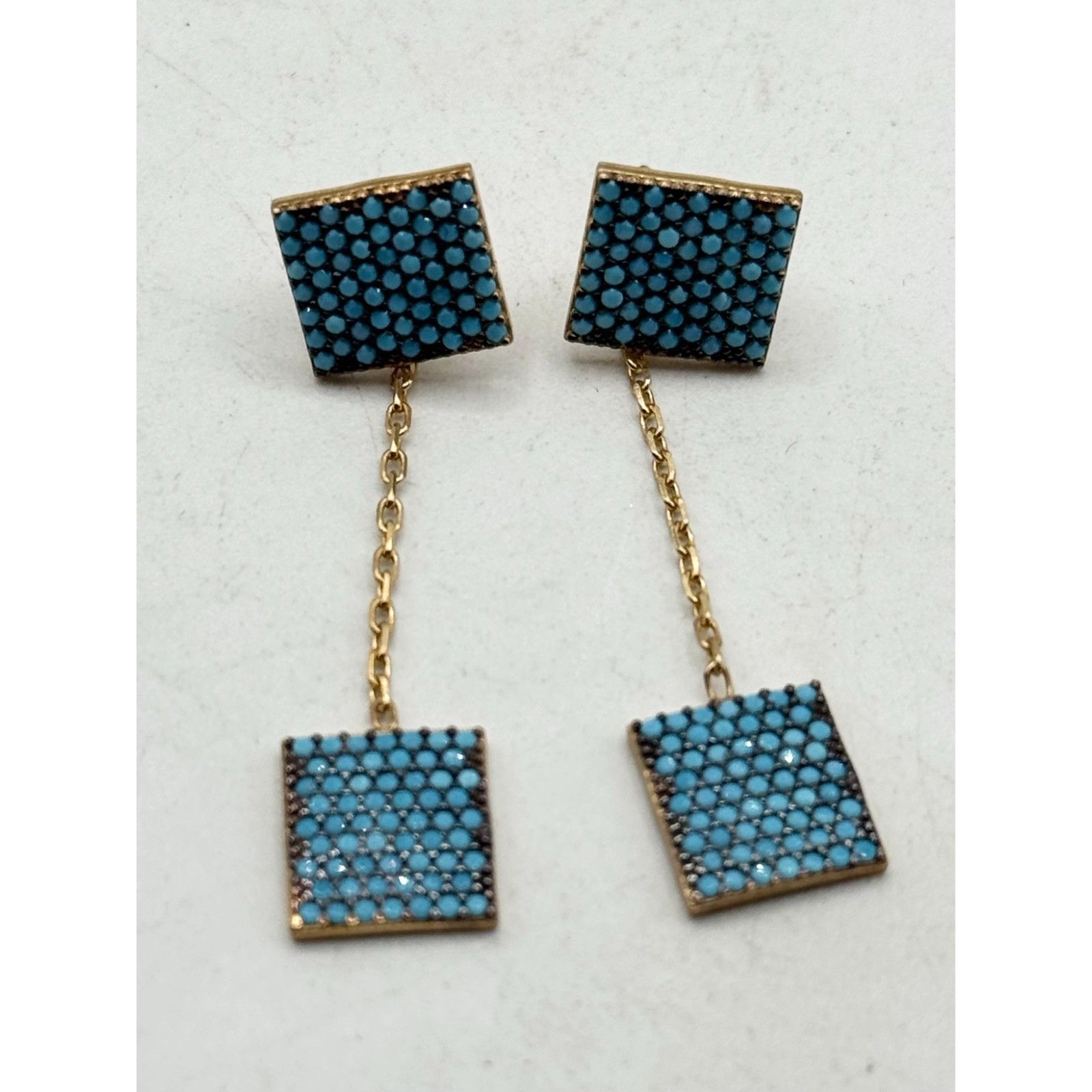 Vintage 925 Sterling silver Blue CZ Dangle Drop Square Earrings Size ONE SIZE - 2 Thumbnail