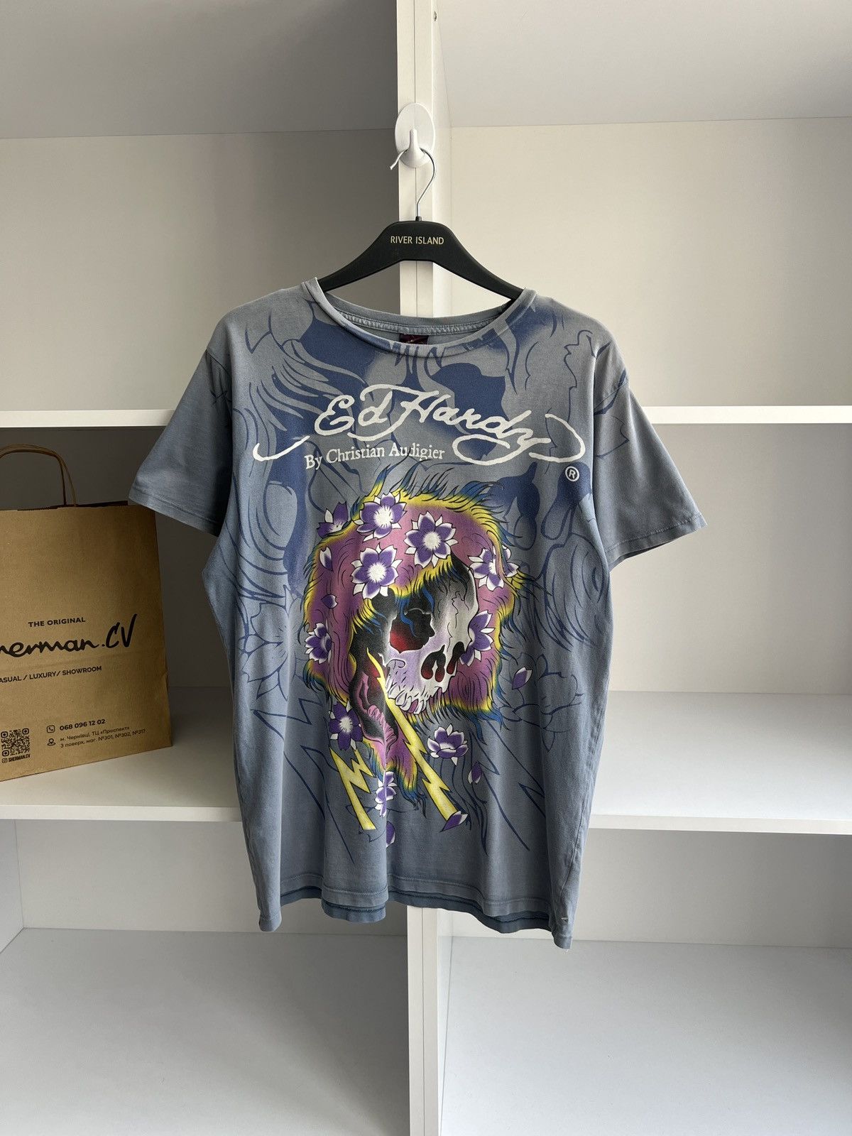 Ed Hardy × Vintage Vintage Ed Hardy Men Blue Lightning Skull Shirt Size US M / EU 48-50 / 2 - 2 Thumbnail