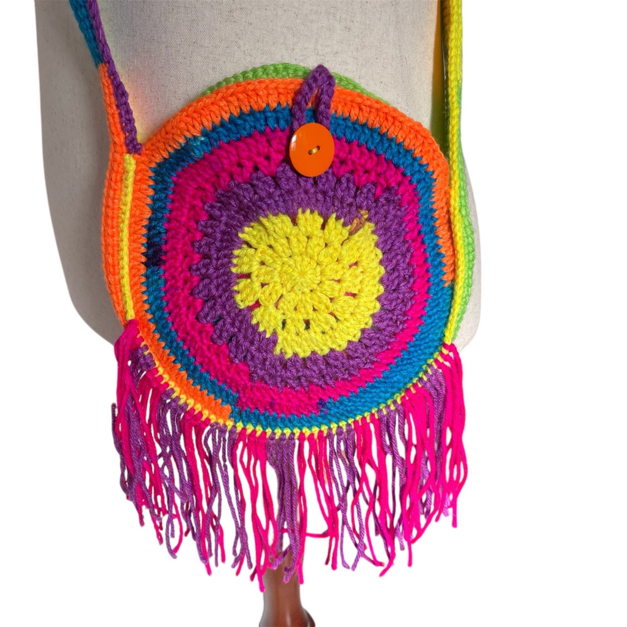 Handmade Crochet Purse Fringed Rainbow Colors Retro Hippie Style Shou Size ONE SIZE - 1 Thumbnail
