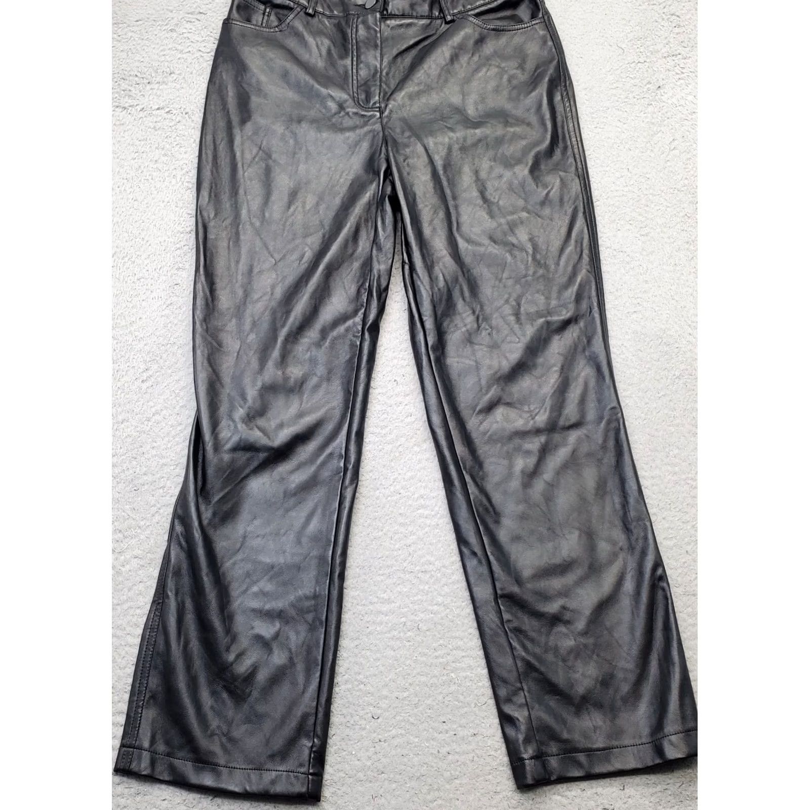Vintage Maison d'Amélie Womens 10 Black Faux Leather Pants Flat Front Straight Leg Size 32" / US 10 / IT 46 - 2 Thumbnail