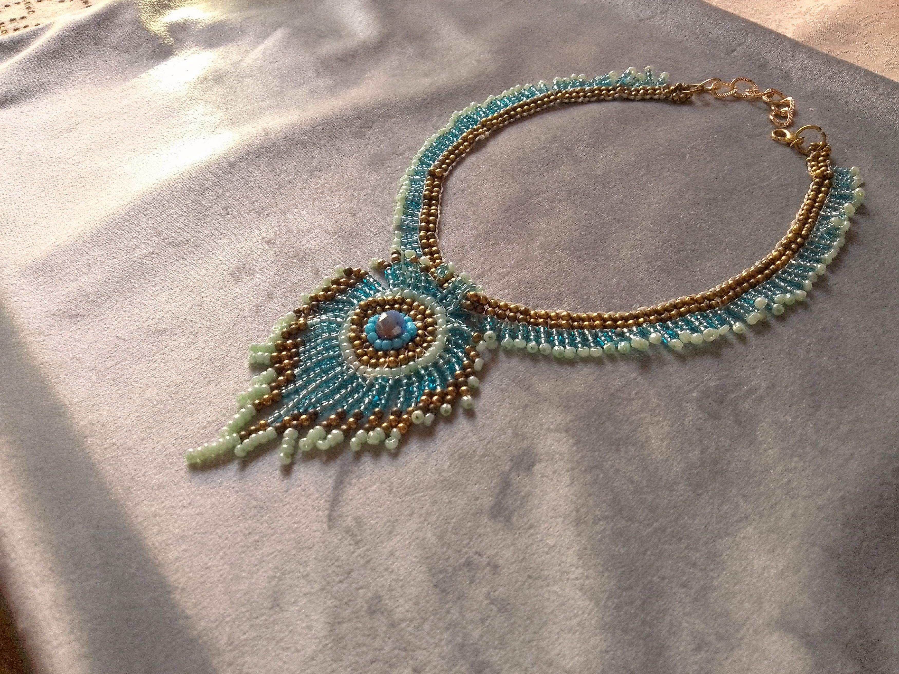 Handmade Necklace Peacock Feather Brass Metallic Glass Blue Crystal Size ONE SIZE - 7 Thumbnail