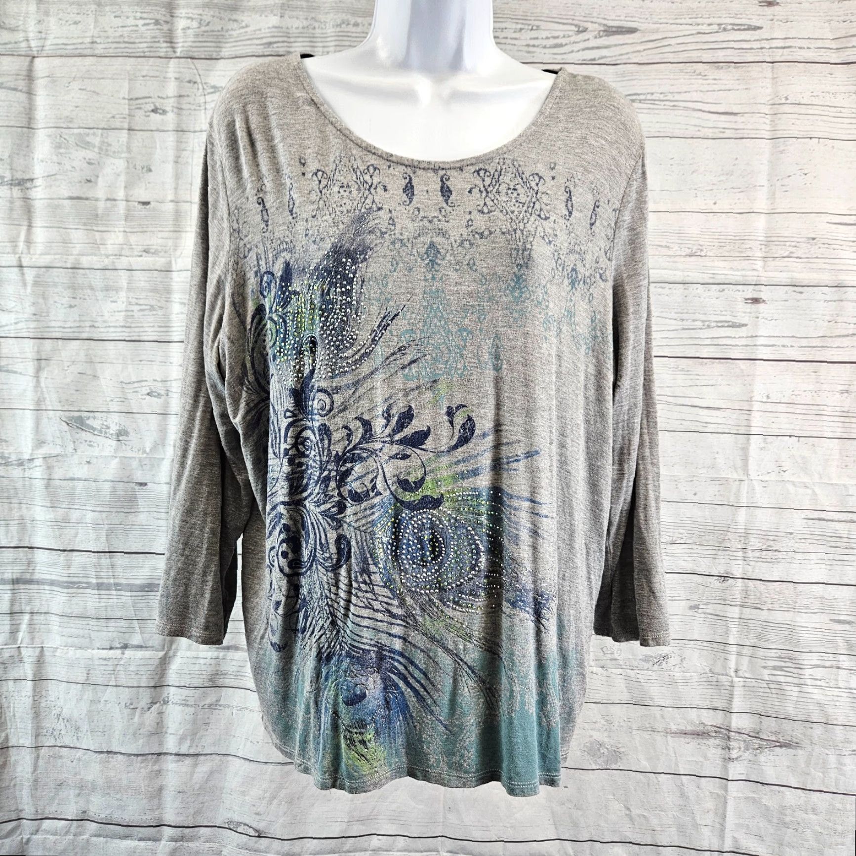Vintage Chicos Zenergy Womens Top Sz Large Gray Blue Embellished 3/4 Sleeve Rayon Spandex Shirt Womens L Gray Blue Zenergy Size L / US 10 / IT 46 - 2 Thumbnail
