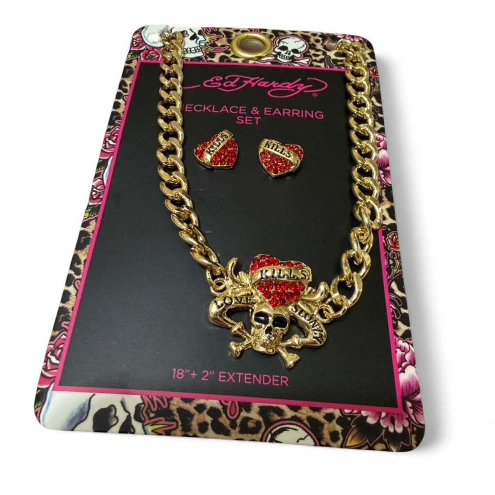 Ed Hardy Ed Hardy red and gold skull design necklace and earring set Size ONE SIZE - 6 Thumbnail