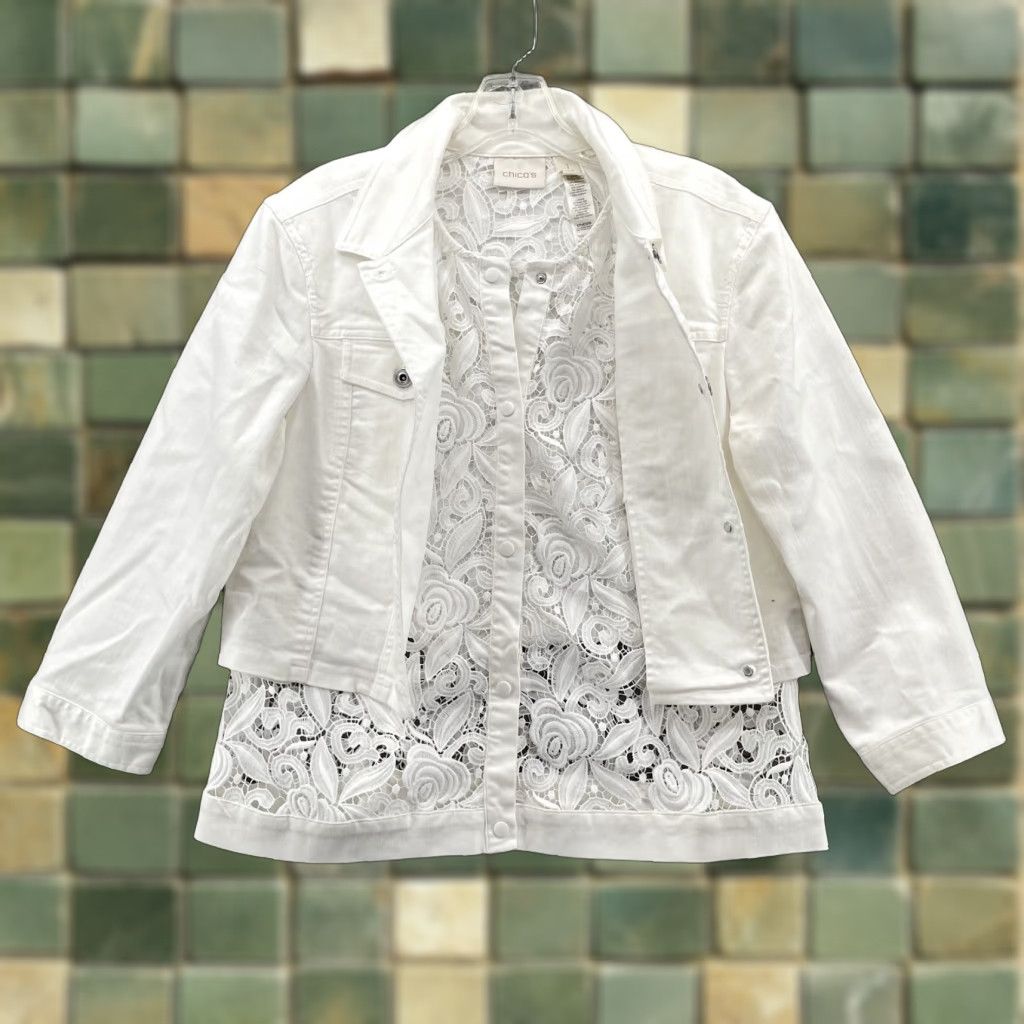 Chicos White Lace Denim Jacket Womens 1 Cottage Core Sophisticated Travel Preppy Shirt