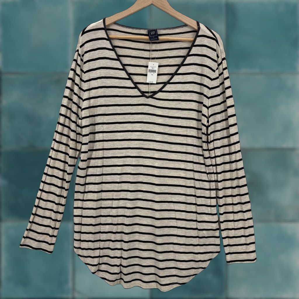 Gap Gap Shirt Womens XL Beige Oatmeal Stripe V Neck Tunic Top Long Sleeve Rayon NWT Size XL / US 12-14 / IT 48-50 - 1 Thumbnail