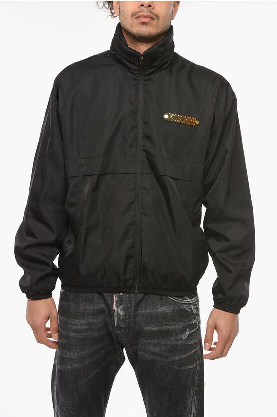 image of Moschino Couture! Nylon Windbreaker With Foldable Hood in Black, Men's (Size Large)