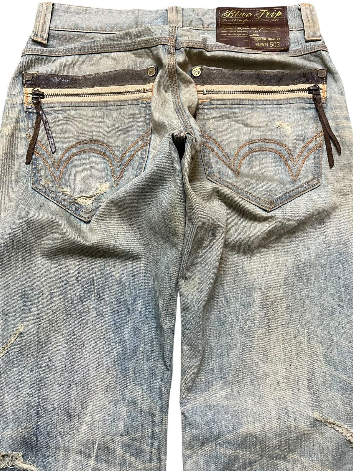 Edwin Vintage Edwin 503 Blue Trip Faded Mudwash Ripped Denim Size US 31 - 6 Thumbnail