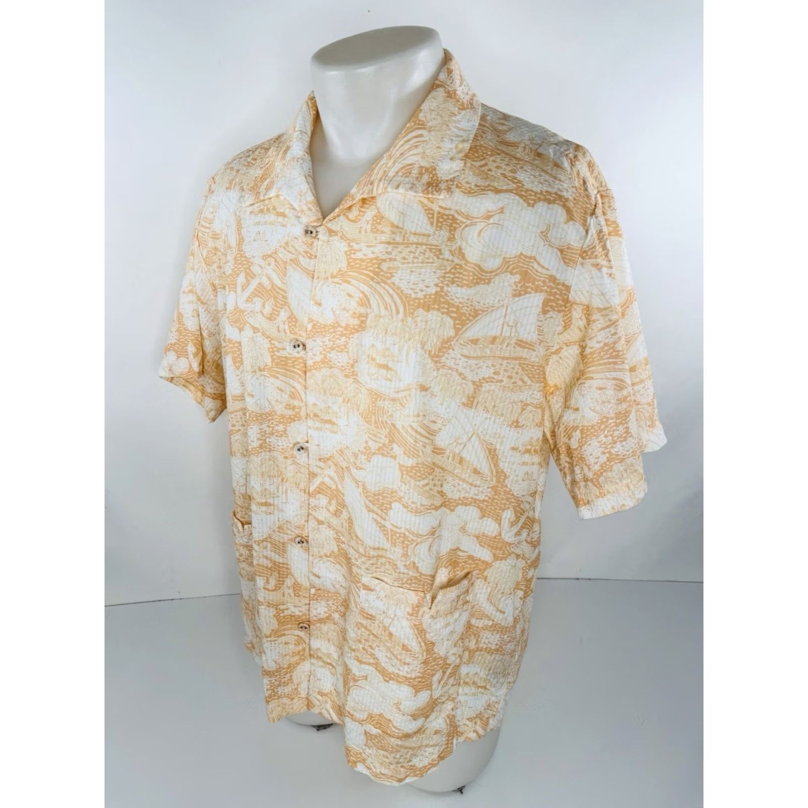 Tombolo TOMBOLO - Nautical Sailboat Guayabera Cloth Button-Up Hawaiian Aloha Shirt EXC - Salmon / White, L, Men, Short Sleeve, Button-Up, Hawaiian Theme, C9 Size US L / EU 52-54 / 3 - 6 Thumbnail
