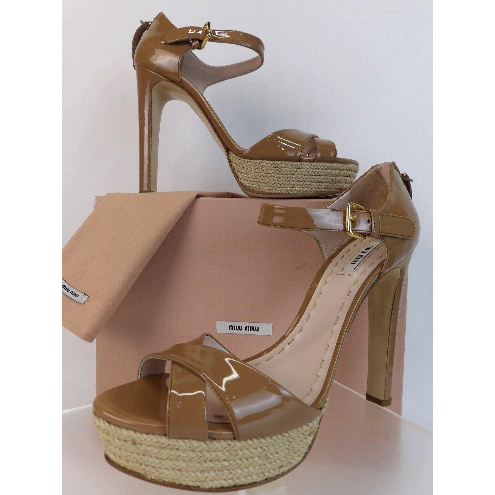 CAMEL PATENT LEATHER JUTE PLATFORM MARY JANE ZIP PUMPS 41.5