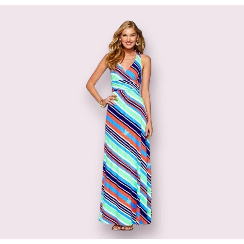 Image of Lilly Pulitzer Blue/green Maxi Striped Print Dress | Size S, Women's