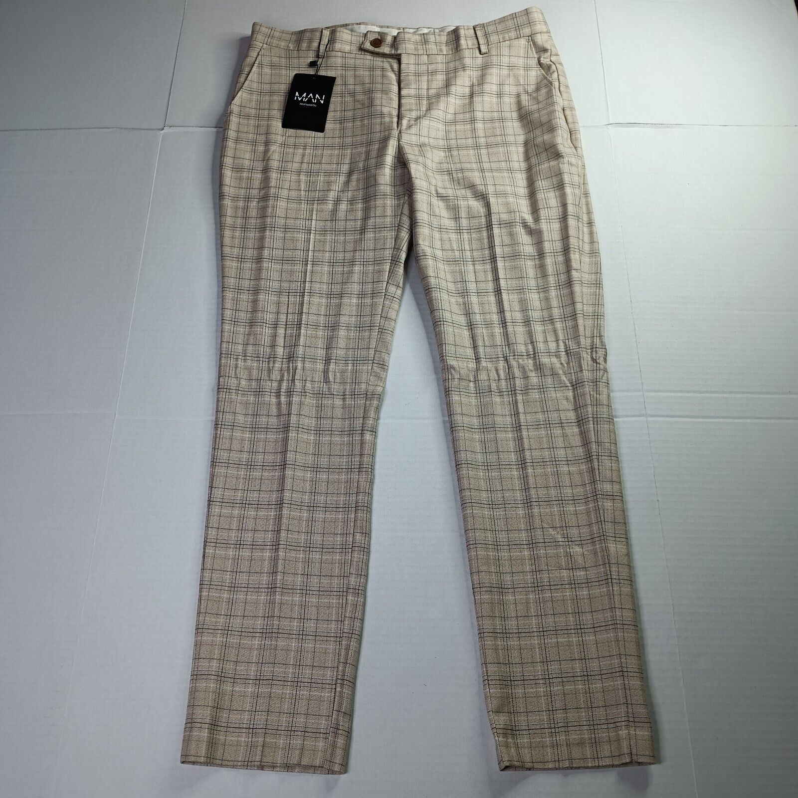 Boohoo Man Boohoo 32S Skinny Check Suit Trouser Stone Plaid Pants Size US 32 / EU 48 - 1 Thumbnail