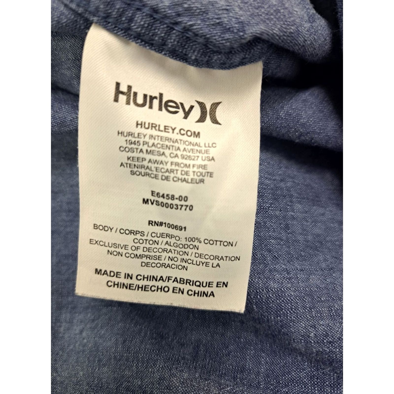 Hurley Hurley Mens Button-Up Shirt Blue Denim Long Sleeve L Large Collared Patch Logo Size US L / EU 52-54 / 3 - 7 Thumbnail