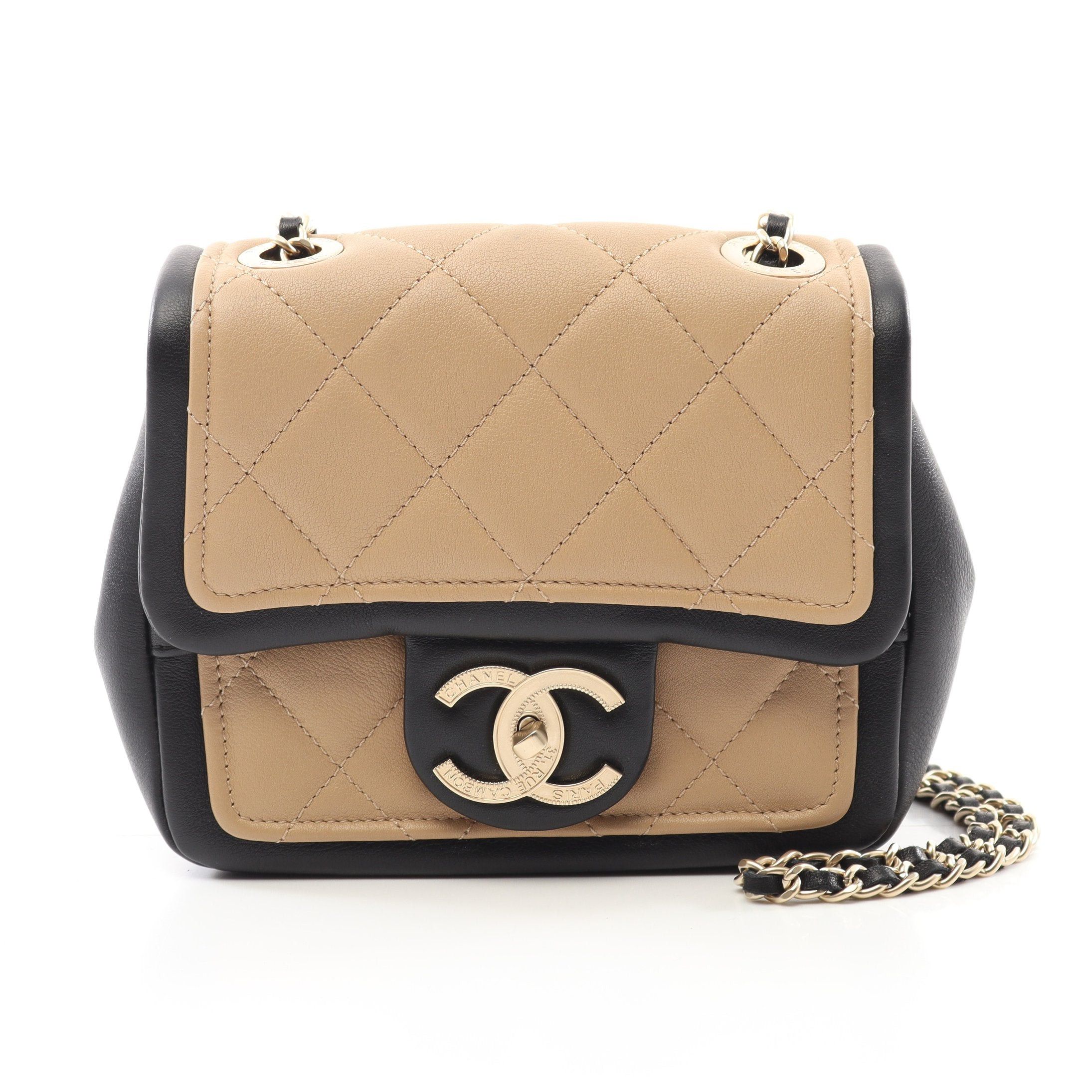 Chanel Mini Matelasse Chain Shoulder Bag Leather Beige Black Gold Hardware Bicolor, Women's