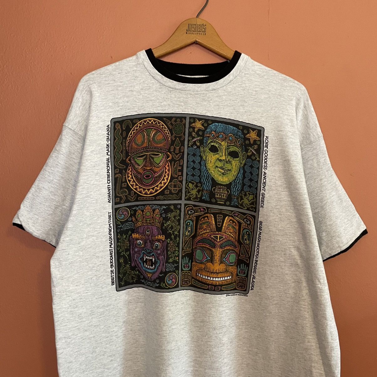Fruit Of The Loom Vintage 1990 Wildwood Productions Culture Masks Art Tee Size US XL / EU 56 / 4 - 1 Thumbnail