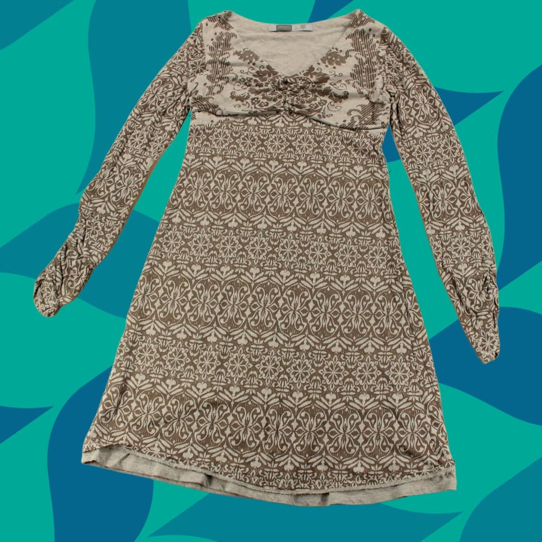Athleta ATHLETA V-Neck Long Sleeve Batik Print Jersey Fit & Flare Midi Dress XS Women Multicolor 90s Bohemian Upright Style Size XS / US 0-2 / IT 36-38 - 1 Thumbnail